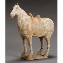 Chinese Painted Gray Pottery Figure of a Horse, Tang Dynasty (618-907 A.D.), Restored; loss t...