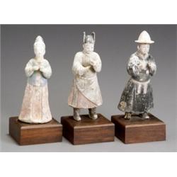 Group of Three Chinese Painted Pottery, Figures of Attendants, In the Tang Dynasty style. Two...