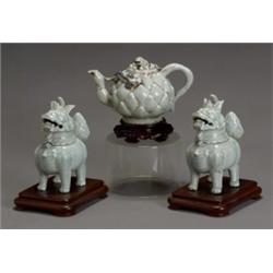 Pair of Chinese Celadon Glazed, Chimera-Form Censers and an, Artichoke-Form Puzzle Teapot,...