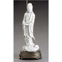 Chinese Blanc-de-Chine Figure of Guanyin, 19th Century, Mounted as a lamp with a kesi 'pagoda...