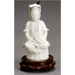 Chinese Blanc-de-Chine Figure of Seated Guanyin, 20th Century, Mounted as a lamp. Chip to rob...