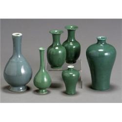 Group of Six Chinese Green Glazed Cabinet Vases, 19th Century, Consisting of five green crack...