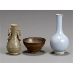 Two Chinese Monochrome Glazed Stoneware Vases and a Bowl, Song Dynasty (960-1279 A.D.), Consi...