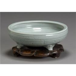 Chinese Longquan Celadon Tripod Bulb Bowl, Ming Dynasty (1368-1644), Having a bluish-green gl...