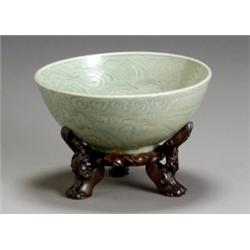 Chinese Longquan Celadon Bowl, Ming Dynasty (1368-1644), Having an olive-green glaze, the int...