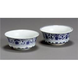 Two Similar Chinese Blue and White Bowls, Xuande Mark and Period (1426-1435), The exterior of...