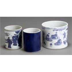 Group of Three Chinese Brush Pots, Consisting of two blue and white, Kangxi, period (1662-177...