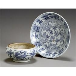 Chinese Blue and White Charger and, Bulb Bowl, The charger, Ming Dynasty (1368-1644);, the...