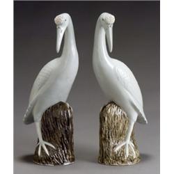 Pair of Chinese Export Pale Celadon and, Olive Green Glazed Figures of Cranes, 20th Century...