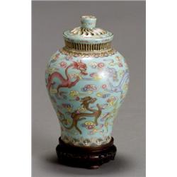 Chinese 'Famille Rose' and Gilt Decorated Turquoise Ground Covered Potpourri Vase, Xuantong Per...