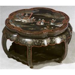 Chinese Polychrome Decorated and Incised Gilt Black Lacquer Low Foliate Table, 20th Century,...