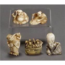 Group of Eight Japanese Ivory Netsuke Studies of Immortals and Men, 20th Century, Consisting...