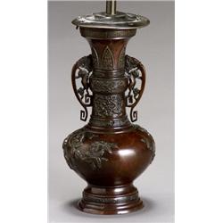 Japanese Bronze Vase, Meiji Period (1868-1912), Cast in two parts and with reddish-brown pati...