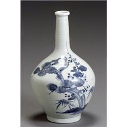 Korean Blue and White Bottle Vase, Choson Dynasty, 19th Century, Glaze imperfections; firing...