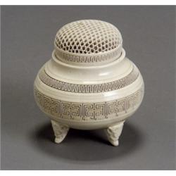 Satsuma Cream Glazed, Tripod Censer (Koro), Signed Kaiozan, Meiji Period, (1868-1912), Si...