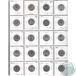 Lot of 20x Canada 25-cent Dated 1992-2005 in Plastic 20-Pocket Page. 20pcs