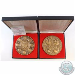 Lot of 2x Franklin Mint Annual Calendar/Art Solid Bronze Medals in Original Boxes Dated 1984 & 1985.