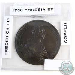 1758 Frederich III Prussia Copper Medal EF Condition as stated on the holder. 41mm in diameter.