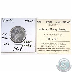 25-cent Canada 1968 Silver ICCS Certified MS-65 Heavy Cameo. This coin was initially Certified by IC