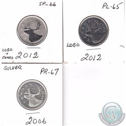 Lot of 3x Canada 25-cent. You will receive 2006 Silver PR-67, 2012 PL-65 & 2012 SP-66.