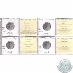 Mixed Page of 4x Canada 25-cent War of 1812 Dated 2012 & 2013 ICCS Certified MS-65. These coins were