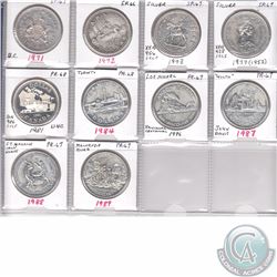 Mixed Page of 10x Canada Commemorative Specimen and Proof Silver Dollars Dated 1971-1989 (Coins are 