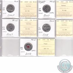 Mixed Page of 5x Canada 25-cent Dated 2006-2008 ICCS Certified MS-65. These coins were initially Cer