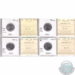 Mixed Page of 4x Canada 25-cent Dated 1996-1998 ICCS Certified MS-65, MS-66 Numismatic BU & MS-67 Nu