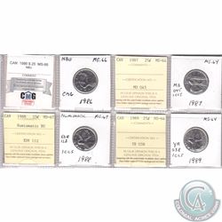 Mixed Page of 4x Canada 25-cent Dated 1986-1989 ICCS/CMG Certified MS-64, MS-66 Numismatic BU & MS-6