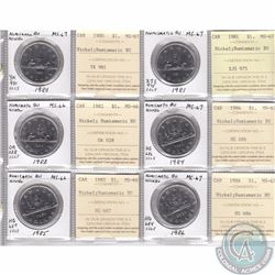 Mixed Page of 6x Canada Nickel Dollars Dated 1980-1986 ICCS Certified MS-66/67 Numismatic BU. These 