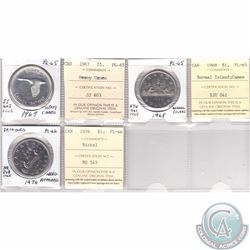 Mixed Page of 3x Canada Silver/Nickel Dollars Dated 1967, 1968 & 1976 ICCS Certified PL-65 Cameo/Hea