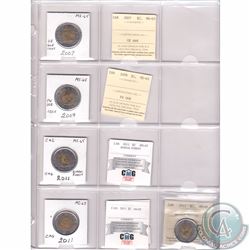 Mixed Page of 5x Canada $2 Dated 2007-2011 ICCS/CMG Certified MS-65 & MS-66. These coins, except for