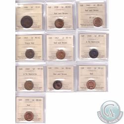 Estate Lot of 10x Canada ICCS Certified 1-cent Dated 1888-1959. You will receive coins graded from F