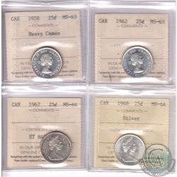 Estate Lot of 4x Canada ICCS Certified 25-cent Dated 1958-1968. You will receive coins graded MS-63 