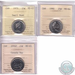 Estate Lot of 3x Canada ICCS Certified 25-cent. You will receive 1973 Small Bust MS-65, 1991 MS-64 &