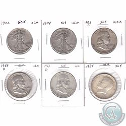 Estate Lot of 6x USA Silver 50-cent Dated 1942, 1944, 1953D, 1958D, 1963D & 1964. 6pcs