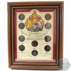 Canadian 50-cent Collection in Wooden Frame. This 10-coin set features the obverse and reverse of ev