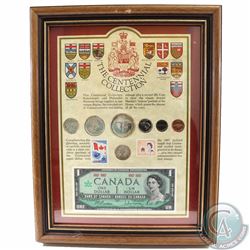 The Canadian Centennial Collection in Wooden Frame. This 7-coin, Stamp and paper money set features 