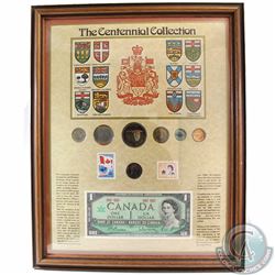 The Canadian Centennial Collection in Wooden Frame. This 7-coin, Stamp and paper money set features 