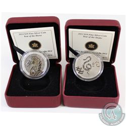 2013 Canada $10 Year of the Snake & 2014 $10 Year of the Horse 1/2oz Fine Silver Coins (Missing oute