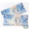 Image 1 : 2 x 2002 $5 3 Digit Radar Notes with Serial Numbers HNF4332334 and ANZ0103010. 2pcs.