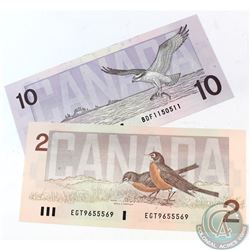 Pair of 3 Digit Radar Bird Series notes, one $2 and one $10. 2pcs