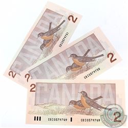 1986 4 Digit Radar $2 Note with Serial Number CBI0579750 with both bookend notes. 3 pieces, one Rada