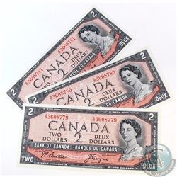 3 x 1954 $2 Notes with Changeover Prefix A/R and Consecutive Serial Numbers. 3pcs