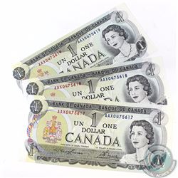 3 x 1973 Replacement $1 Notes with Lawson-Bouey Signatures, AAX Prefix and Consecutive Serial Number