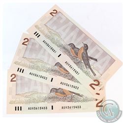 3 x 1986 $2 Notes with Changeover Prefix AUH and Consecutive Serial Numbers. 3pcs