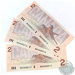 3 x 1986 Replacement $2 Notes with Prefix BBX and Consecutive Serial Numbers. 3pcs