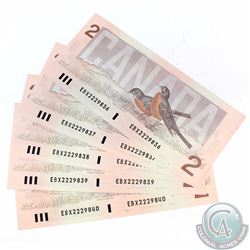 5 x 1986 Replacement $2 Notes with Prefix EBX and Consecutive Serial Numbers. 5pcs