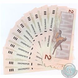 13 x 1986 $2 Notes with Changeover Prefix CBH and Consecutive Serial Numbers. 13pcs