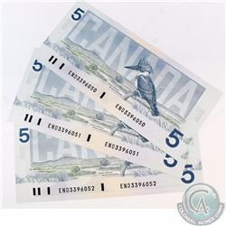 3 x 1986 $5 Notes with END Prefix and Consecutive Serial Numbers. 3pcs